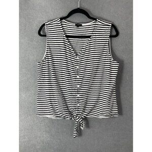 Talbots Top‎ Petite Large Black White Stripe V-Neck Tie Sleeveless Seersucker